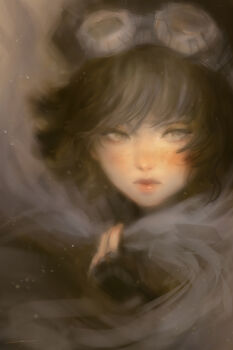 1girl alex_chow blush brown_hair cloak fingerless_gloves freckles gloves goggles goggles_on_head grey_eyes hand_up hat highres lips looking_to_the_side original sepia short_hair sketch solo swept_bangs upper_body