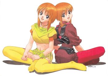 Rule 34 | 1990s (style), 1998, 2girls, absurdres, dated, elpeo puru, green eyes, gundam, gundam zz, highres, kitazume hiroyuki, looking at viewer, midriff, multiple girls, open mouth, orange hair, puru two, retro artstyle, scan, shadow, signature, sitting, smile, traditional media, white background, wristband