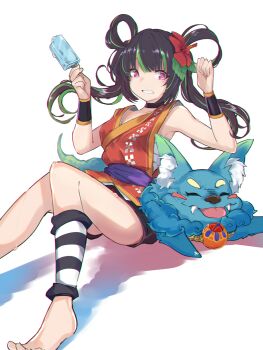 1girl arm_guards armpits arms_up bare_arms bare_shoulders barefoot black_choker black_hair black_shorts breasts bright_pupils chest_sarashi choker cleavage clenched_teeth commentary creature fingernails floating_hair flower food foot_out_of_frame green_hair hair_flower hair_ornament hair_rings hibiscus highres holding holding_food holding_popsicle kamatpit knees_up long_hair looking_at_creature looking_down looking_to_the_side medium_breasts melting_popsicle multicolored_hair nema_ui okinawa_club on_ground open_mouth orange_trim pink_eyes popsicle purple_sash red_flower red_shirt sarashi sash shadow shirt shishigon short_shorts shorts sideways_glance single_detached_legging sitting streaked_hair teeth tongue tongue_out twintails virtual_youtuber waist_sash white_background white_pupils