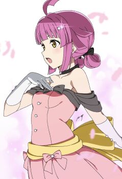 1girl alternate_costume black_choker breasts choker dress feet_out_of_frame gloves highres looking_at_another love_live! love_live!_nijigasaki_high_school_idol_club music nagi_mkrnpn open_mouth pink_dress pink_eyes pink_hair short_hair simple_background singing small_breasts solo standing teeth tennoji_rina upper_teeth_only white_background white_gloves