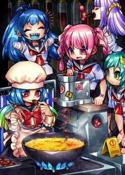 5girls :3 amputee apron aqua_hair bandaged_arm bandages black_bow black_dress black_sailor_collar blonde_hair blue_hair blue_tongue bow bowtie braid cannibalism chef_hat closed_eyes colored_tongue cooking creature double_amputee dress ear_piercing eating facing_to_the_side feeding frilled_apron frilled_sleeves frills gradient_hair green_eyes green_hair guro hair_bow hands_up happy hat horizontal_pupils ladle long_hair looking_at_object looking_at_viewer machine maid maid_apron major_injury_underreaction medium_hair missing_limb multicolored_hair multiple_girls neckerchief open_mouth original piercing pink_eyes pink_hair ponytail purple_hair red_bow red_eyes red_neckerchief sailor_collar school_uniform senmu_(0107) serafuku sharp_teeth shirt short_hair short_sleeves side_ponytail sign smile standing teeth twin_braids twintails two-tone_hair upper_body warning_sign wet_floor white_apron white_headwear white_shirt