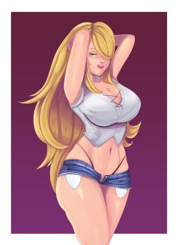 1girl absurdres armpits artistic_madman blonde_hair breasts cleavage cynthia_(pokemon) green_eyes highleg highleg_panties highres large_breasts lipstick long_hair makeup navel nintendo open_fly panties pokemon pokemon_dppt short_shorts shorts solo tongue tongue_out underwear very_long_hair