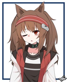 1girl angelina_(arknights) animal_ears arknights bags_under_eyes black_collar black_shirt brown_hair coat collar collarbone commentary dot_nose fox_ears fox_girl hairband highres infection_monitor_(arknights) jacket long_hair long_sleeves meteor_(ks111278) multicolored_hairband one_eye_closed open_clothes open_coat open_mouth orange_eyes red_hairband red_jacket shirt signature simple_background sleepy solo striped_clothes striped_hairband twintails two-tone_hairband upper_body white_background white_coat