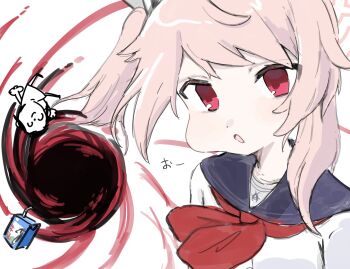 1boy 1girl aimi7333 black_hole blue_archive cheek_pull commentary_request doodle_sensei_(blue_archive) draw_this_in_your_style_challenge drink_carton floating highres long_hair looking_at_viewer milk_carton natsu_(blue_archive) natsu_getting_swallowed_by_a_black_hole neckerchief open_mouth pink_hair red_eyes red_neckerchief school_uniform sensei_(blue_archive) shirt side_ponytail simple_background upper_body white_background white_shirt