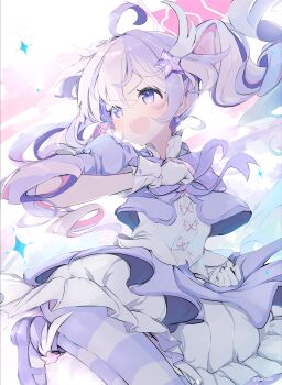 1girl :d absurdres ahoge blue_archive bow commentary_request drill_hair gloves hair_ornament halo highres long_hair looking_ahead magical_girl multicolored_hair open_mouth pantyhose pink_hair puffy_short_sleeves puffy_sleeves purple_bow purple_eyes purple_hair purple_shoes reisa_(blue_archive) reisa_(magical)_(blue_archive) sakurano_rocco shoes short_sleeves smile solo star_(symbol) star_hair_ornament striped_clothes striped_pantyhose two-tone_hair white_gloves wing_hair_ornament