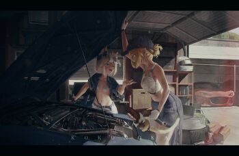 2girls absurdres bikini bikini_under_clothes blonde_hair blue_bikini car day denim_shirt dooby engine eyewear_on_head gloves highres indie_virtual_youtuber kokono_ka motor_vehicle multiple_girls navel open_car_hood open_clothes open_mouth open_shirt petite prehensile_tail sameko_saba stomach striped_bikini striped_clothes sunglasses swimsuit tail white_bikini white_gloves white_hair