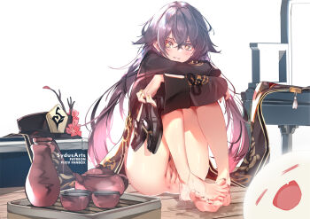 1girl bare_shoulders barefoot black_hat bottomless brown_hair censored chinese_clothes closed_eyes cup feet genshin_impact ghost hat hu_tao_(genshin_impact) legs looking_at_viewer mosaic_censoring nail_polish pussy red_eyes sitting smile soles solo star-shaped_pupils star_(symbol) sweat sydus symbol-shaped_pupils tailcoat tea teacup teapot toenail_polish toenails toes top_hat