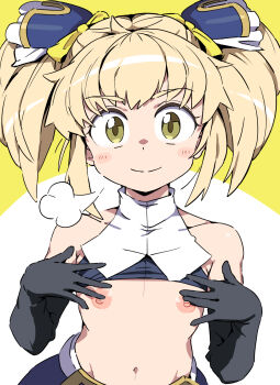 1girl bare_shoulders blonde_hair blush breasts flat_chest gloves hair_ornament highres looking_at_viewer mika_returna navel nipples puff_of_air short_twintails smile solo touniyuu twintails under_night_in-birth upper_body yellow_eyes