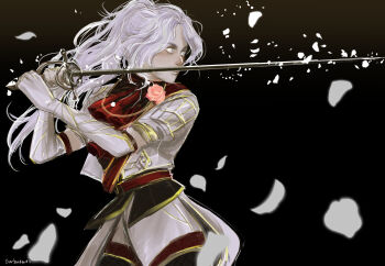 1girl absurdres ascot barbozari clair_obscur:_expedition_33 commentary english_commentary grey_eyes highres holding holding_sword holding_weapon long_hair loose_hair_strand maelle_(clair_obscur:_expedition_33) official_alternate_hair_color ponytail rapier red_ascot solo standing sword wavy_hair weapon white_hair white_petals