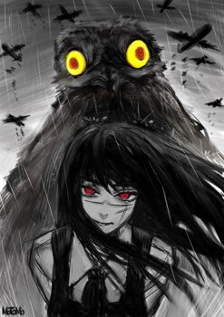 1girl aircraft airplane bird black_hair bomb carpet_bombing chainsaw_man colored_sclera commentary_request cross_scar explosive facial_scar fourth_east_high_school_uniform greyscale highres long_hair matomo monochrome rain red_eyes ringed_eyes scar scar_on_cheek scar_on_face scar_on_nose school_uniform signature spot_color war_devil_(chainsaw_man) yellow_sclera yoru_(chainsaw_man)