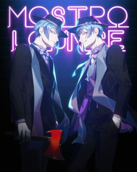 Rule 34 | 2boys, aqua hair, asymmetrical bangs, awa (awkn), axe, bad id, bad twitter id, black hat, black jacket, black pants, black suit, bow, bowtie, character request, clenched teeth, collared shirt, cowboy shot, english text, formal clothes, gloves, hat, holding, holding axe, jacket, male focus, multiple boys, pants, parted lips, purple bow, purple bowtie, purple shirt, sharp teeth, shirt, short hair, suit, teeth, twisted wonderland, white gloves, yellow eyes