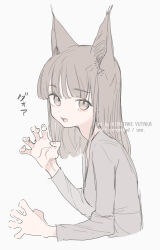 Rule 34 | 1girl, animal ears, artist name, brown eyes, brown hair, cat ears, cat girl, claw pose, commentary request, cropped torso, english text, fang, grey shirt, hands up, kinutani yutaka, long hair, long sleeves, looking at viewer, open mouth, original, shirt, simple background, solo, translation request, upper body, white background