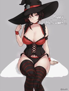 1girl black_corset black_hair black_panties bluefield blush breasts cleavage corset frills gradient_hair grey_eyes halloween hat highres large_breasts looking_at_viewer multicolored_hair navel panties red_hair ruby_rose rwby short_hair sitting smile solo striped_clothes striped_thighhighs thighhighs thighs two-tone_hair underwear witch witch_hat