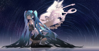 1girl absurdres bare_shoulders black_boots black_skirt black_sleeves blue_eyes blue_hair boots detached_sleeves electric_guitar from_side guitar hair_between_eyes hand_up hatsune_miku headset highres instrument kiduki kneeling long_hair long_sleeves looking_at_viewer looking_to_the_side miku_day notepad pleated_skirt reflection shirt skirt sleeveless sleeveless_shirt solo star_trail thigh_boots twintails very_long_hair vocaloid white_shirt wide_sleeves