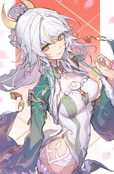 1girl braid breasts bright_pupils chinese_clothes commentary crescent crescent_hair_ornament dress earrings fur-trimmed_sleeves fur_trim genshin_impact hair_ornament hashtag-only_commentary high_ponytail highres jewelry kumo_sheep long_hair long_sleeves looking_at_viewer multicolored_eyes multicolored_hair ponytail smile symbol-only_commentary white_hair yellow_eyes zibai_(genshin_impact)