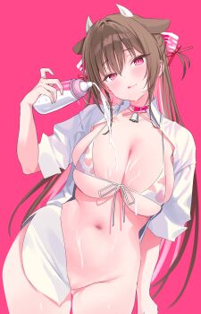1girl :q absurdres animal_ears animal_print baby_bottle bell bikini bikini_top_only blush bottle bottomless breasts brown_hair commentary cow_ears cow_horns cow_print cow_print_bikini cowbell cowboy_shot curvy fang front-tie_bikini_top front-tie_top hair_intakes highres horns large_breasts long_hair looking_at_viewer milk milk_bottle navel neck_bell nikuya_(nikuniku_nikuya) original pink_background pink_eyes print_bikini shirt simple_background skin_fang skindentation sleeves_rolled_up solo spilling stomach swimsuit thighs tongue tongue_out white_shirt wide_hips