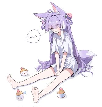 ... :3 ahoge animal_ear_fluff animal_ears bare_legs barefoot between_legs choppy_bangs closed_eyes closed_mouth commentary_request creature fox_ears fox_girl fox_tail full_body hand_between_legs highres hoduttang inari_(tenko_shibuki) indoors korean_commentary long_shirt multicolored_hair no_pants nose_bubble purple_tail shirt short_sleeves simple_background sitting sleeping sleeping_upright spoken_ellipsis stellive streaked_hair t-shirt tail tenko_shibuki virtual_youtuber white_background white_shirt