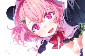 1girl :d animal_ears animal_hood black_socks blush bow collared_shirt commentary_request drawstring dress_shirt earrings fake_animal_ears fang feet_out_of_frame green_skirt hair_between_eyes highres hood hood_up hooded_jacket jacket jewelry long_sleeves looking_at_viewer multicolored_hair nijisanji open_mouth panda_ears panda_hood pink_hair pink_shirt plaid_clothes plaid_skirt pleated_skirt puffy_long_sleeves puffy_sleeves purple_eyes red_bow sakuya_tsuitachi sasaki_saku sasaki_saku_(1st_costume) shirt simple_background skirt smile socks solo standing streaked_hair thick_eyebrows virtual_youtuber white_background white_hair white_jacket