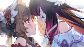2girls absurdres after_kiss bare_shoulders blush brown_hair closed_eyes closed_mouth columbina_(genshin_impact) genshin_impact hair_between_eyes hair_ornament highres long_hair multicolored_hair multiple_girls sandrone_(genshin_impact) white_background yu_hydra yuri