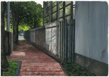 alley border building commentary fence grass harusa1107 hedge highres no_humans original painting_(medium) path plant road tile_floor tiles traditional_media tree tree_shade white_border wooden_fence