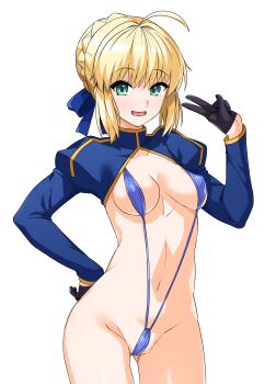1girl :d absurdres ahoge artoria_pendragon_(fate) black_gloves blonde_hair blue_shrug blue_slingshot_swimsuit breasts commentary_request fate/stay_night fate_(series) gloves green_eyes hair_ribbon half_gloves haruhisky highres long_sleeves looking_at_viewer medium_breasts navel open_mouth puffy_long_sleeves puffy_sleeves ribbon saber_(fate) shrug_(clothing) simple_background slingshot_swimsuit smile solo standing stomach swimsuit tongue v white_background