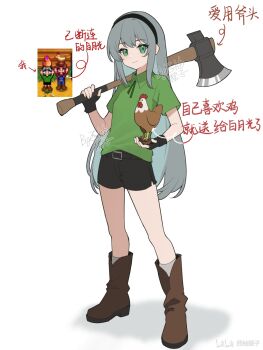 1girl axe bilibili_2006560977 bilibili_username bird black_gloves black_hairband black_shorts chicken chinese_commentary collared_shirt commentary_request fingerless_gloves full_body game_screenshot_inset gloves green_eyes green_shirt grey_hair hairband highres holding holding_axe looking_at_viewer over_shoulder reference_inset screenshot_inset shirt shorts smile solo standing stardew_valley weapon weapon_over_shoulder white_background