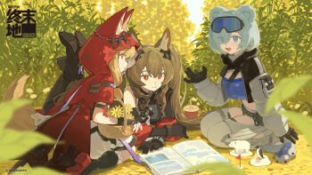 3girls :d angelina_(arknights) animal_ear_fluff animal_ear_hood animal_ears arknights arknights:_endfield aurora_(arknights) bandana basket bear bear_ears bear_girl belt bird black_boots black_gloves black_jacket blonde_hair blue_bandana blue_eyes blue_gloves blue_hair boots bracelet breasts brown_hair clothing_cutout coat commentary_request cropped_jacket cup day disposable_cup dot_nose double-parted_bangs dress drinking_straw elbow_gloves eyes_visible_through_hair fake_animal_ears favilia field figure fingerless_gloves flower fox_ears fox_girl gilberta_(arknights) gloves goggles goggles_on_head grey_dress hair_over_one_eye headpiece high_belt high_collar highres holding holding_basket hood hood_up hooded_jacket impossible_clothes impossible_dress infection_monitor_(arknights) jacket jewelry leg_warmers legs_up long_hair long_sidelocks long_sleeves looking_at_another medium_breasts midriff multicolored_jacket multiple_girls off_shoulder on_floor open_clothes open_coat open_mouth orange_eyes paw_shoes penguin polar_bear red_coat red_jacket rossi_(arknights) seiza sidelocks sitting ski_goggles smile snowshine_(arknights) split_mouth tail thigh_cutout twintails two-tone_jacket white_leg_warmers white_sleeves wolf_ears wolf_girl wolf_tail yellow_flower