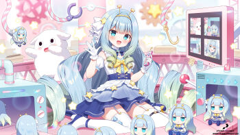 1girl :d aqua_eyes blonde_hair blue_bow blue_dress blue_footwear blue_hair blunt_bangs bow box cardboard_box controller conveyor_belt detached_sleeves dress drill_hair factory gloves gradient_hair green_hair hair_ornament hairband high_heels highres holding holding_remote_control hook idol_clothes jelly_hoshiumi jelly_hoshiumi_(1st_costume) long_hair looking_at_viewer mauve monitor multicolored_hair official_art open_mouth phase_connect quad_drills remote_control sidelocks sitting smile sticky_note stuffed_toy thigh_strap thighhighs very_long_hair virtual_youtuber wariza white_gloves white_thighhighs yellow_bow yellow_hairband