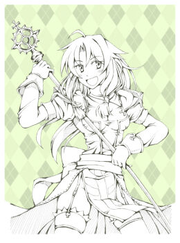 Rule 34 | 1girl, ahoge, argyle background, breasts, commentary request, cowboy shot, crosier, cross, cross necklace, cross of prontera, dress, garter straps, green background, greyscale with colored background, hair tubes, high priest (ragnarok online), holding, holding staff, jewelry, juliet sleeves, long hair, long sleeves, looking at viewer, medium breasts, necklace, open mouth, puffy sleeves, ragnarok online, saaki (sa-ki), sash, smile, solo, staff, thighhighs