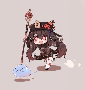 >_< 1girl black_hat brown_hair chasing chibi chibi_only commentary flower flower-shaped_pupils full_body genshin_impact hair_between_eyes hat hat_flower holding holding_staff hu_tao_(genshin_impact) long_hair long_sleeves open_mouth porkpie_hat red_eyes running slime_(genshin_impact) smile socks solo staff staff_of_homa_(genshin_impact) symbol-shaped_pupils tooinu twintails very_long_hair white_socks