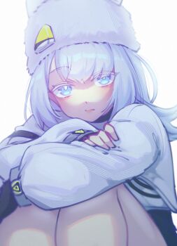 Rule 34 | 1girl, animal ears, arknights, arknights: endfield, blue eyes, cat ears, cat girl, closed mouth, coat, estella (arknights), hat, highres, hugging own legs, looking at viewer, medium hair, sher (imnotsher), simple background, solo, white background, white coat, white hair, white hat