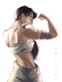 1girl aegyo_sal bandage_in_mouth bandaged_arm bandaged_torso bandages black_eyes black_hair cowboy_shot flexing genderswap genderswap_(mtf) grin highres jozllie long_hair muscular muscular_female official_alternate_costume omniscient_reader&#039;s_viewpoint pants smile solo sweatdrop sweatpants wrapping yoo_joonghyuk