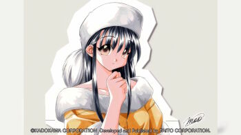 Rule 34 | 1girl, 2000s (style), artist name, atelier-moo, bare shoulders, black hair, breasts, brown eyes, dress, fur-trimmed dress, fur trim, game cg, hand up, hat, long hair, long sidelocks, medium breasts, non-web source, off-shoulder dress, off shoulder, official art, sheela sheffield, short sleeves, sidelocks, signature, simple background, solo, standing, upper body, white background, white hat, yuukyuu gensoukyoku