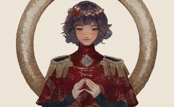 1girl adapted_costume capelet closed_mouth epaulettes hair_ornament hashtag-only_commentary hatsburg highres leaf_hair_ornament long_sleeves looking_at_viewer mirror moriya_suwako purple_eyes purple_hair red_capelet rope short_hair simple_background snake snake_print solo steepled_fingers straight-on touhou upper_body white_background yasaka_kanako