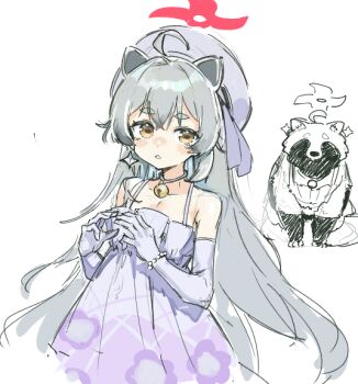 1girl ahoge animal_ears animalization bare_shoulders bell blue_archive choker dress earrings elbow_gloves gloves grey_hair halo hat jewelry looking_at_viewer michiru_(blue_archive) michiru_(dress)_(blue_archive) neck_bell official_alternate_costume oga_yui_open person_and_animalization purple_dress purple_gloves purple_hat raccoon raccoon_ears raccoon_girl shuriken_earrings simple_background single_earring sleeveless sleeveless_dress solo white_background