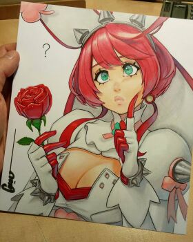 1girl ? ahoge bracelet breasts cheek_poking cleavage cleavage_cutout closed_mouth clothing_cutout commentary dress elphelt_valentine english_commentary finger_to_cheek flower gloves green_eyes guilty_gear guilty_gear_xrd hairband highres holding holding_flower huge_ahoge jewelry lips looking_up medium_breasts metal_hairband multicolored_gloves omar_dogan photo_(medium) pink_hair poking puffy_sleeves red_flower red_gloves red_rose rose short_hair signature simple_background solo spiked_bracelet spiked_hairband spikes swept_bangs thinking traditional_media two-tone_gloves upper_body wedding_dress white_background white_dress white_gloves