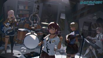 5girls arms_up awa_subaru bag band_(music) bass_guitar belt belt_buckle bigchaping black_belt black_collar black_hair black_shorts black_skirt black_thighhighs blonde_hair blue_eyes blue_shirt boots bow box bra_strap bracelet brown_boots brown_jacket brown_shoes buckle caution_tape closed_mouth clothes_writing collar colored_inner_hair copyright_name curtained_hair drum drum_set drumsticks ebizuka_tomo expressionless frilled_skirt frills girls_band_cry grey_eyes guitar hair_ornament hair_over_shoulder hairband hanging_light highres holding holding_drumsticks holding_guitar holding_instrument holding_microphone_stand indoors instrument iseri_nina jacket jewelry kawaragi_momoka kneehighs knees_together_feet_apart light_particles long_hair long_sleeves looking_to_the_side low_twintails microphone_stand multicolored_hair multiple_girls music neck_ribbon paper parted_bangs pink_hair playing_bass_guitar playing_guitar playing_instrument pleated_skirt profile purple_hair purple_ribbon red_belt red_bow red_eyes red_hairband red_skirt ribbon rupa_(girls_band_cry) satchel shelf shirt shirt_partially_tucked_in shoes short_sleeves short_twintails shorts sign single_thighhigh sitting skindentation skirt sleeveless sleeveless_shirt socks synthesizer thigh_strap thighhighs twintails two-tone_hair wallet_chain warning_sign white_shirt white_socks x_hair_ornament yellow_eyes