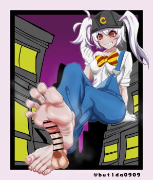 1girl absurdres barefoot blush butida0909 crossed_legs feet footjob gloves grin hat highres long_hair overalls red_eyes smile soles steam toes twintails white_gloves white_hair