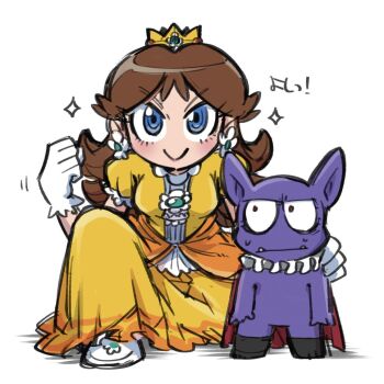 1boy 1girl blue_eyes brown_hair chiyo_(shuten_dj) colored_skin commentary crown dress earrings flower_earrings gloves jewelry long_hair mario_(series) nintendo orange_dress princess_daisy purple_skin simple_background smile sparkle super_mario_land symbol-only_commentary tatanga white_background white_gloves