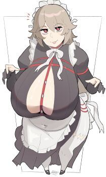 1girl absurdres alexandrina_sebastiane breasts curvy female_focus full_body gloves highres huge_breasts long_hair looking_at_viewer maid napolitane partially_fingerless_gloves plump red_eyes solo tongue tongue_out zenless_zone_zero