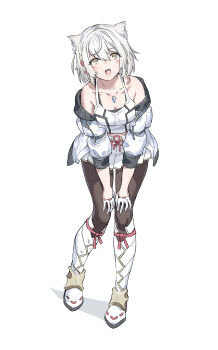 1girl absurdres animal_ears bare_shoulders boots breasts cat_ears cat_girl cleavage eyelashes full_body highres huanxiang_huifeng leaning_forward looking_up medium_hair mio_(xenoblade) open_mouth pantyhose pleated_skirt short_hair simple_background skirt smile solo standing white_background white_boots white_hair white_skirt xenoblade_chronicles_(series) xenoblade_chronicles_3 yellow_eyes