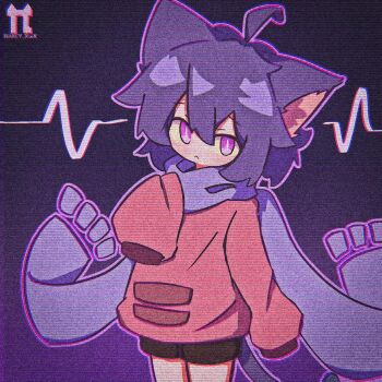 1other :< androgynous animal_ears antenna_hair blush brown_poncho brown_tunic cat_ears highres niko_(oneshot) oneshot_(game) outline purple_eyes purple_hair purple_outline purple_scarf rakey_xwx scarf short_hair slit_pupils solo standing static tunic watermark whiskers