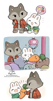 Rule 34 | :d, :o, ^ ^, animal, animal focus, ayu (mog), carrot, closed eyes, closed mouth, commentary, crane game, dated, dot mouth, english commentary, green shirt, highres, holding hands, jacket, long sleeves, no humans, open clothes, open jacket, open mouth, original, plaid clothes, plaid shirt, rabbit, red jacket, shirt, signature, smile, solid circle eyes, sparkle, spoken object, twitter username, unmoving pattern, watermark, wolf