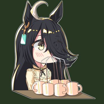 1girl animal_ears bendy_straw black_hair brown_eyes brown_shirt chibi closed_mouth commentary cropped_torso cup drinking_straw eyes_visible_through_hair gabu_gabugabuga green_background hair_over_one_eye highres horse_ears long_hair manhattan_cafe_(casual)_(umamusume) manhattan_cafe_(umamusume) mug multicolored_hair shirt simple_background solo two-tone_hair umamusume upper_body white_hair