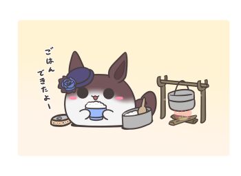 Rule 34 | animal ears, animalization, assist (2828), blue flower, blue rose, bowl, campfire, can, canned food, commentary, cooking, creature, fascinator, flower, hat, hat flower, highres, holding, holding bowl, horse ears, mess kit, mini hat, name connection, no humans, object namesake, purple hat, rice, rice bowl, rice shower (umamusume), rose, shamoji, sukusuku hakutaku, tilted headwear, umamusume, yellow background