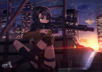 1girl bad_id bad_pixiv_id black_hair bolt_action brown_eyes city commentary computer crossed_legs dreadtie female_focus gun highres laptop original revision rifle short_hair sitting sky sniper sniper_rifle solo star_(sky) starry_sky sunset thigh_strap trigger_discipline weapon