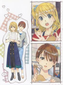 Rule 34 | 2girls, absurdres, black boots, blonde hair, boots, brown eyes, brown hair, clothes hanger, comic yuri hime, cover image, denim, grey eyes, grey shirt, hair ornament, hair scrunchie, hand on another's shoulder, highres, holding, holding clothes hanger, horiguchi yukiko, jeans, multiple girls, multiple views, official art, pants, red shirt, sandals, scan, scrunchie, shirt, skirt, sweat, white shirt