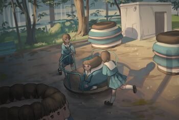 6+girls bench black_footwear black_hair blue_serafuku building bush clone day expressionless grass green_neckwear loafers low_twin_braids multiple_girls original outdoors playground railing sailor_collar serafuku shoes sitting socks tensen_(dotted_line) tree twin_braids wariza what white_sailor_collar