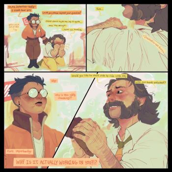2boys absurdres arm_hair beard black_hair blush bomber_jacket boots collared_shirt commentary disco_elysium english_commentary english_text facial_hair full_body glasses harry_du_bois highres holding_hands jacket kim_kitsuragi male_focus multiple_boys mustache necktie orange_jacket shirt short_hair talking time_woods white_shirt