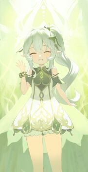 1girl absurdres closed_eyes commentary cowboy_shot double-parted_bangs dress english_commentary facing_viewer genshin_impact hair_ornament hand_up highres leaf_hair_ornament long_hair nahida_(genshin_impact) oro_(lsg0624) pointy_ears short_dress side_ponytail smile solo waving white_dress white_hair